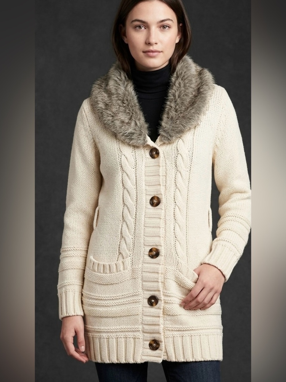 GapKids Cream Metallic Cable Knit Faux Fur Collar Cardigan XXL 14-16